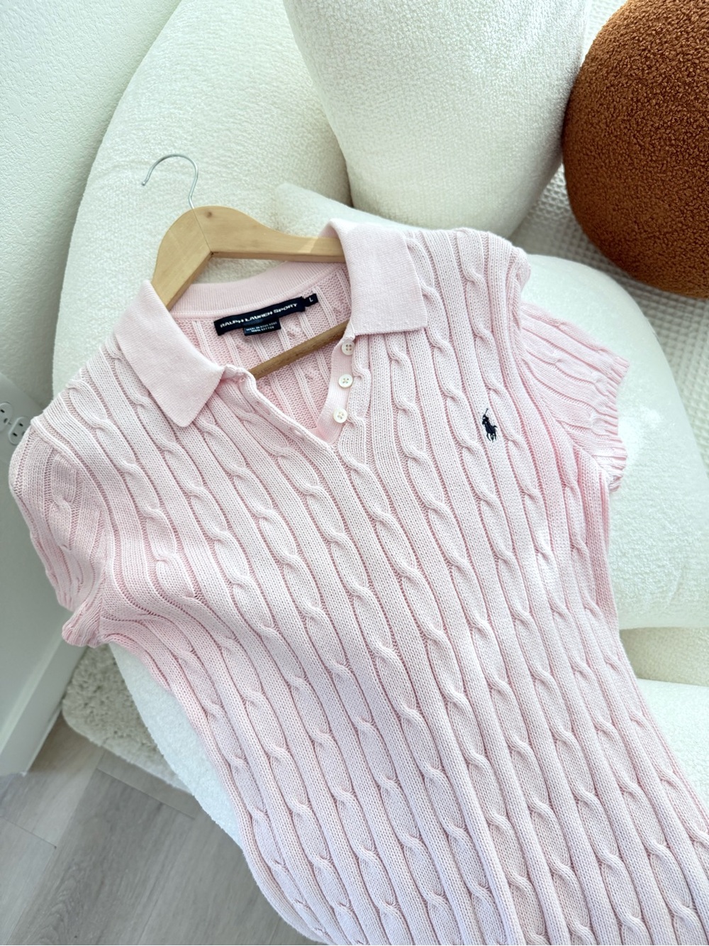 Ralph Lauren Sport Pink Cable Knit Collared Polo Sweater 100% Cotton Size L Rare
